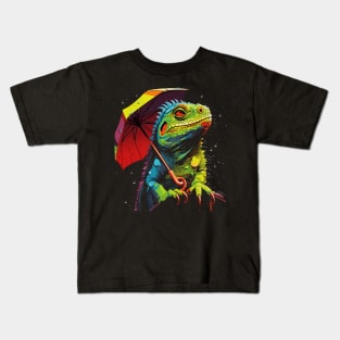 Iguana Rainy Day With Umbrella Kids T-Shirt